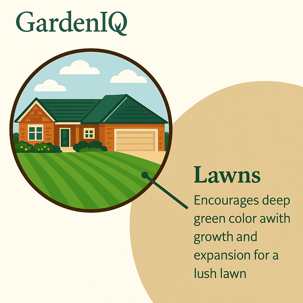 GardenIQ lawn fertilizer infographic,picture of a house with text description