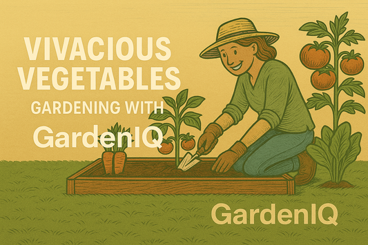 Woman gardening in a raised bed with GardenIQ fertilizers. Growing tomatoes and lettuce and carrots